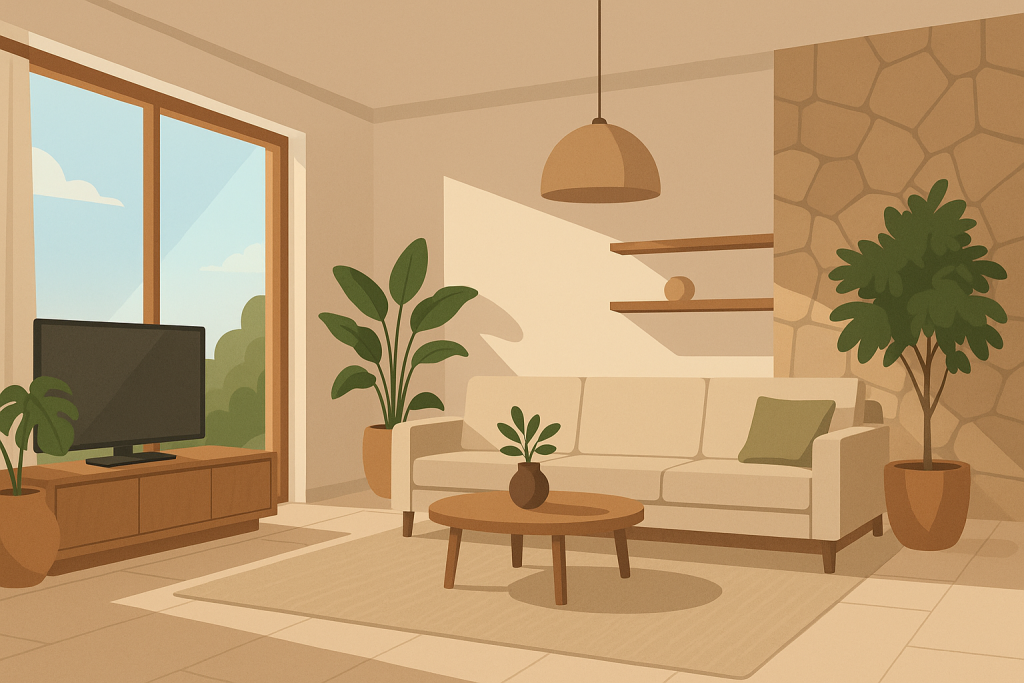Espacio interior moderno con luz natural, materiales naturales y vegetación integrada.