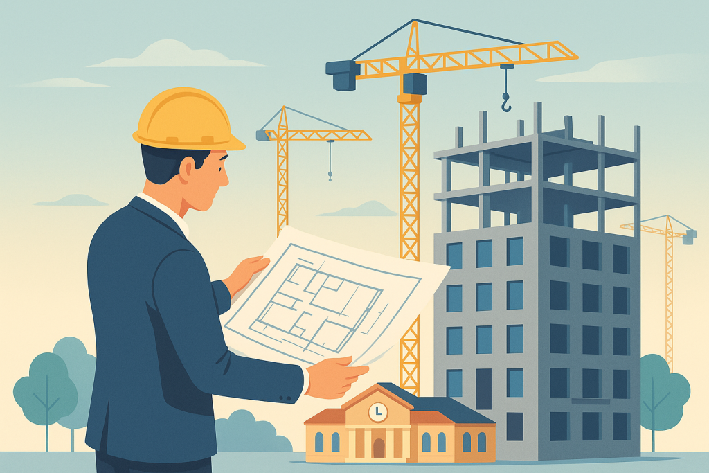 Arquitecto revisando planos frente a edificio en construcción y ayuntamiento al fondo.